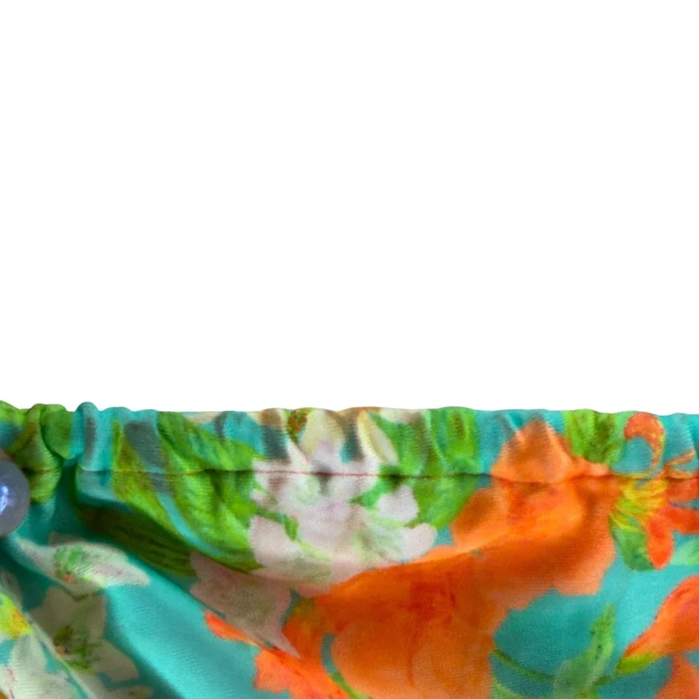 KULANI KINIS Bikini Top Teal Floral Ruched Sun Charm‎ Women's Size Large